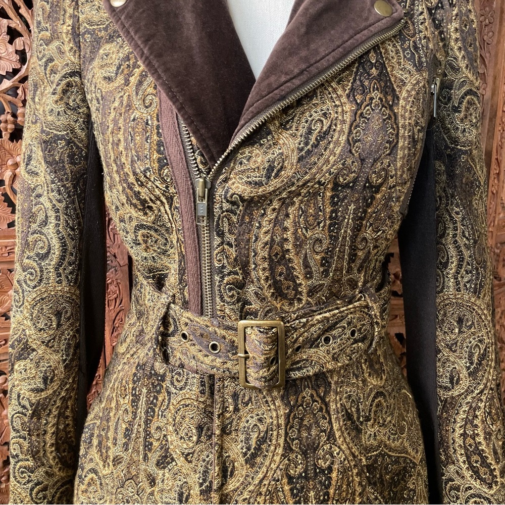 FREE PEOPLE Vintage Y2K Brown Paisley Belted Utility Trench Coat Duster Jacket - Picture 7 of 16